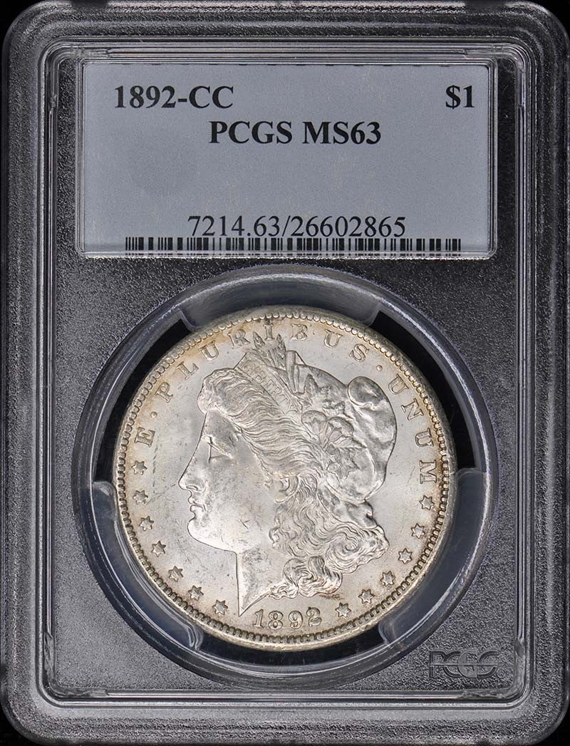 1892-CC Morgan Dollar PCGS MS63 Uncirculated Coin: 1892-CC Morgan Dollar PCGS MS63 Uncirculated Coin This 1892-CC Morgan Dollar is a remarkable example of American numismatic history, graded MS63 by PCGS, indicating its excellent uncirculated conditio