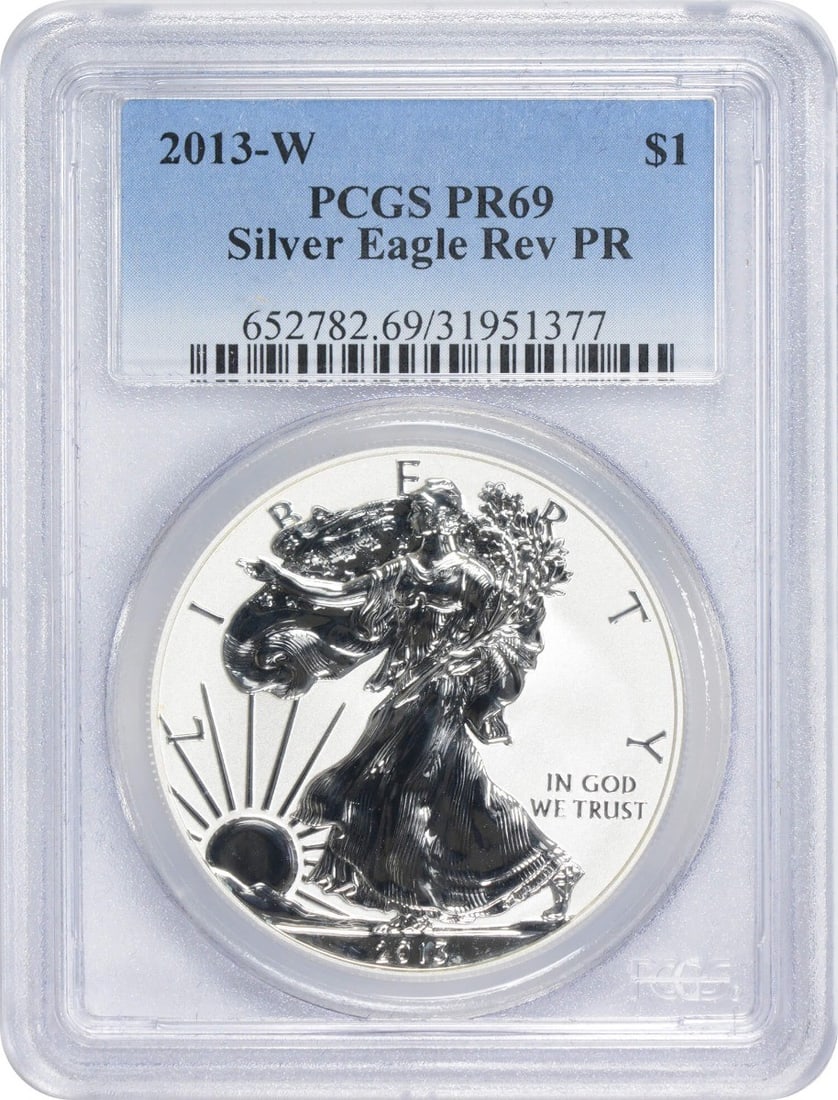 PCGS PR69 2013-W American Silver Eagle Proof Coin: PCGS PR69 2013-W American Silver Eagle Proof Coin This 2013-W American Silver Eagle coin is struck in proof quality and contains 1 oz of .999 fine silver. Graded PR69 by PCGS, it is a high-grade colle