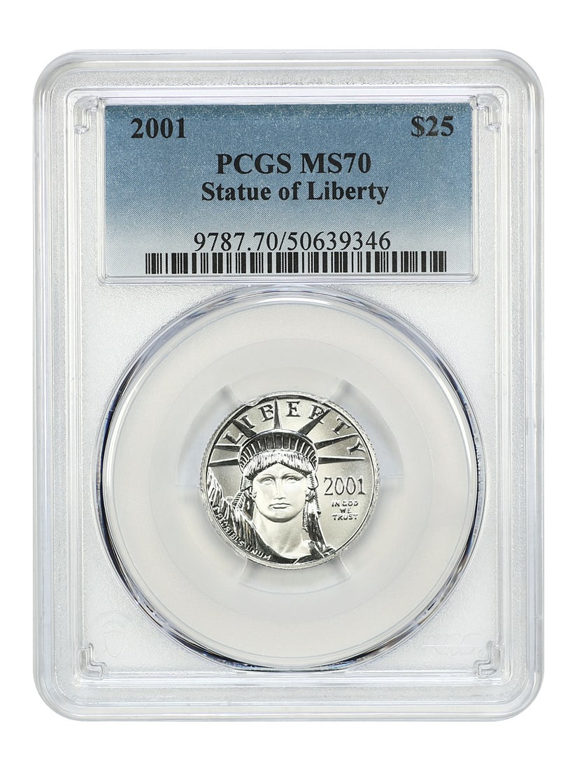 2001 PCGS MS70 $25 Platinum Eagle Statue of Liberty 1/4 oz: 2001 PCGS MS70 $25 Platinum Eagle Statue of Liberty 1/4 oz 2001 $25 Statue of Liberty Platinum Eagle graded MS70 by PCGS. This uncirculated bullion coin is denominated at $25, struck for the 2001 issu