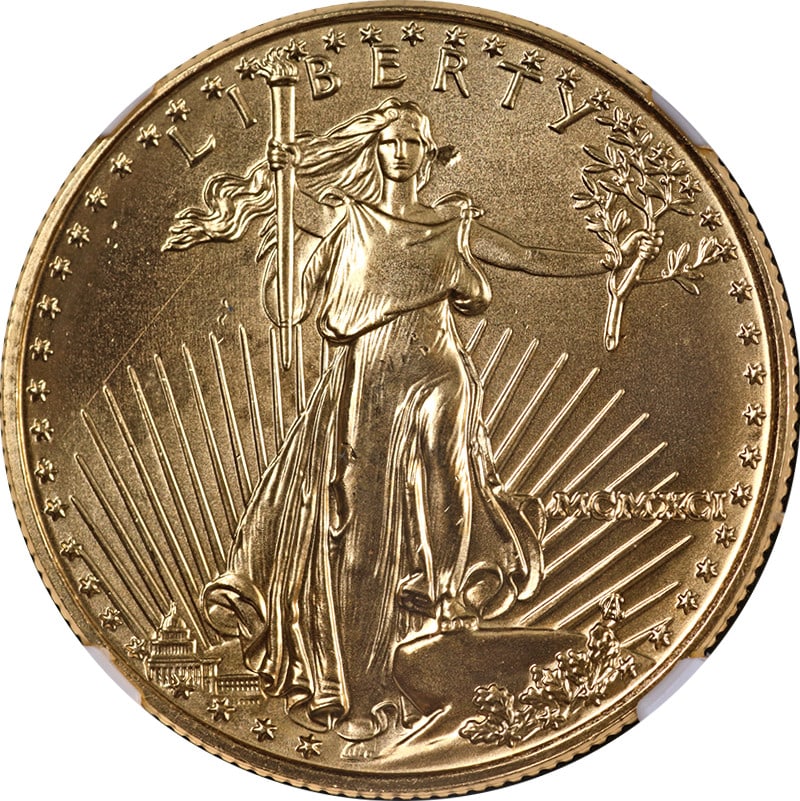 1991 $25 American Eagle Gold NGC MS68 Obverse Struck Thru: 1991 $25 American Eagle Gold NGC MS68 Obverse Struck Thru This is an original 1991 Gold American Eagle $25 coin, graded MS68 by NGC. The coin features a notable error, with the obverse exhibiting a st