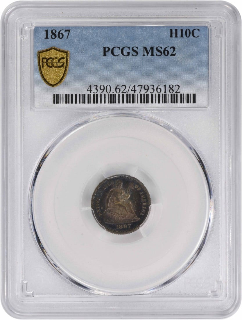 PCGS MS62 1867 Seated Liberty Half Dime Silver: PCGS MS62 1867 Seated Liberty Half Dime Silver This is an 1867 Liberty Seated Silver Half Dime graded MS62 by PCGS. The coin is uncirculated and features the classic Seated Liberty design. It is compo