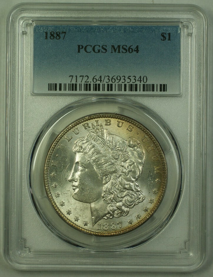 1887 Morgan Dollar Silver PCGS MS64 Certified $1 Coin: 1887 Morgan Dollar Silver PCGS MS64 Certified $1 Coin This 1887 Morgan Silver Dollar features a $1 denomination and was minted in Philadelphia. Certified by PCGS with a grade of MS-64, it is composed 