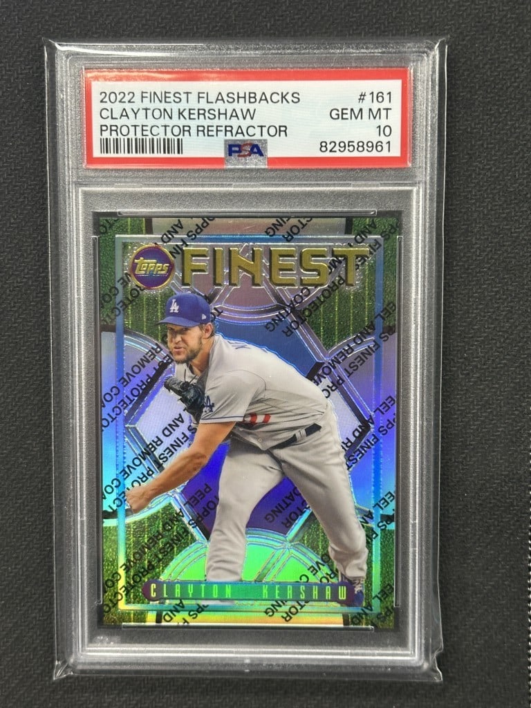Clayton Kershaw 2022 Topps Finest Flashbacks PSA 10 Baseball Card #161: Clayton Kershaw 2022 Topps Finest Flashbacks PSA 10 Baseball Card #161 This is a 2022 Topps Finest Flashbacks baseball card featuring Clayton Kershaw, a prominent player for the Los Angeles Dodgers. T