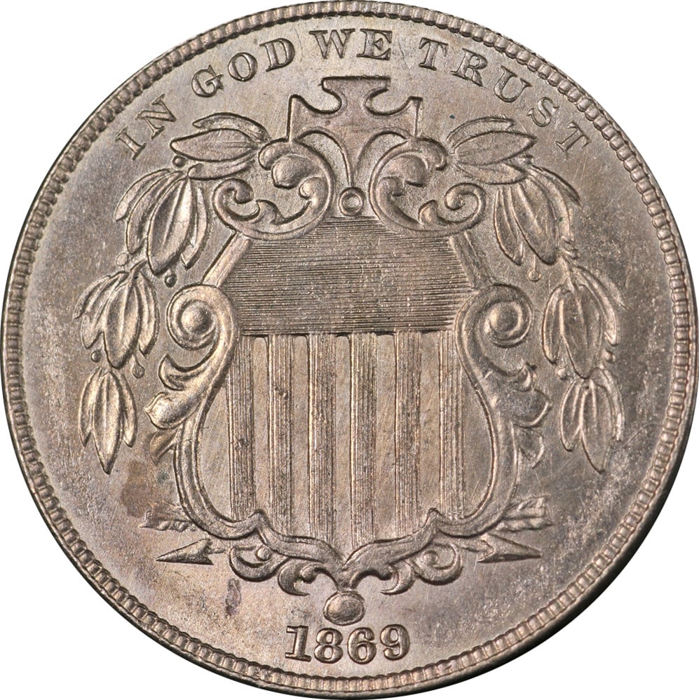 1869 United States Shield Nickel Uncirculated Choice BU++ Strong Strike: 1869 United States Shield Nickel Uncirculated Choice BU++ Strong Strike 1869 Shield Nickel in Choice BU++ condition, noted for superb eye appeal, fantastic luster, strong strike, great color, and attr
