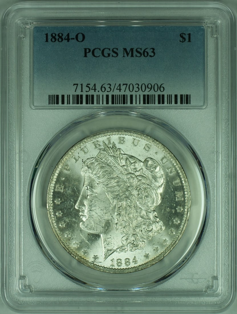 PCGS MS63 1884-O New Orleans Morgan Silver Dollar Coin: PCGS MS63 1884-O New Orleans Morgan Silver Dollar Coin This is an 1884-O Morgan Silver Dollar graded MS-63 by PCGS. Minted in New Orleans, this uncirculated coin features a silver composition with a f