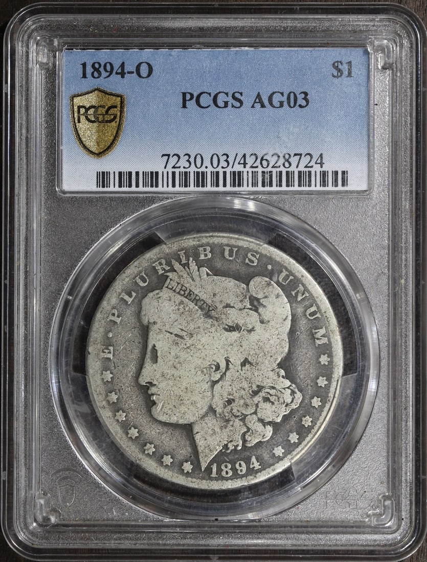 PCGS 1894 O Morgan Silver Dollar AG03 Better Date: PCGS 1894 O Morgan Silver Dollar AG03 Better Date This is an 1894-O Morgan Silver Dollar graded AG03 by PCGS. The coin is composed of 90% silver and was minted in New Orleans. It is a pre-owned coin f