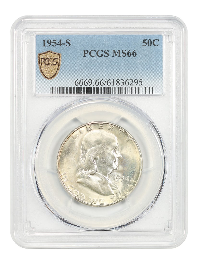 PCGS MS66 1954-S Franklin Half Dollar 50C: PCGS MS66 1954-S Franklin Half Dollar 50C 1954-S Franklin Half Dollar, denomination 50C, struck in San Francisco. The coin is uncirculated and certified by PCGS, with certification number 61836295. Pr