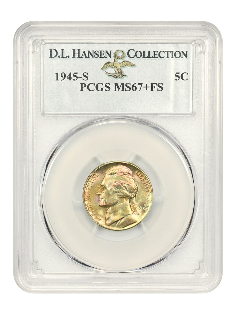 PCGS MS67+ FS 1945-S Jefferson Nickel ex D.L. Hansen: PCGS MS67+ FS 1945-S Jefferson Nickel ex D.L. Hansen 1945-S Jefferson Nickel certified by PCGS and graded MS67+ with FS designation. Minted in San Francisco, this uncirculated 5-cent coin is noted for