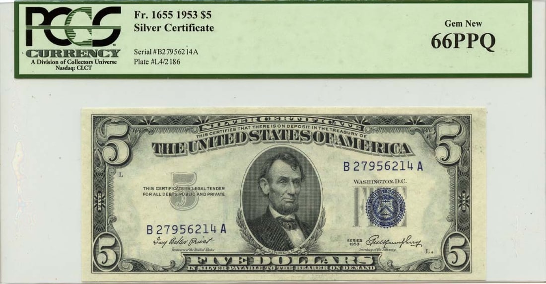 1953 $5 Silver Certificate Fr# 1655 PCGS Gem 66PPQ Uncirculated: 1953 $5 Silver Certificate Fr# 1655 PCGS Gem 66PPQ Uncirculated This 1953 $5 Silver Certificate, designated as Fr# 1655, is certified by PCGS Currency with a remarkable grade of Gem 66PPQ. It is in un