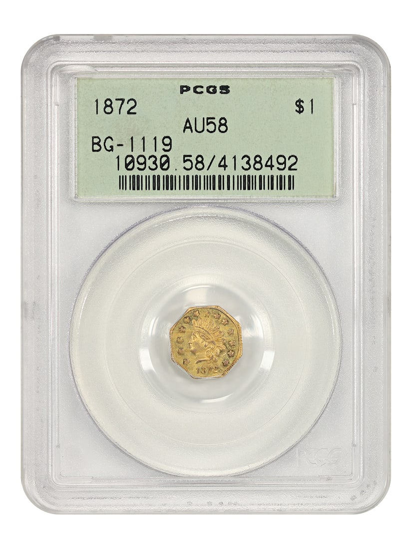 1872 California Fractional Gold $1 PCGS AU58 BG-1119 OGH: 1872 California Fractional Gold $1 PCGS AU58 BG-1119 OGH 1872 $1 California Fractional Gold coin certified by PCGS and graded AU58. The coin is from Philadelphia and is described as circulated and pre