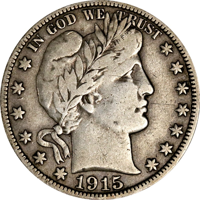 1915 Denver Mint Barber Silver Half Dollar United States Coin: 1915 Denver Mint Barber Silver Half Dollar United States Coin This 1915-D Barber Half Dollar is a circulated coin composed of silver with a fineness of 0.9. Minted in Denver in 1915, this coin is from