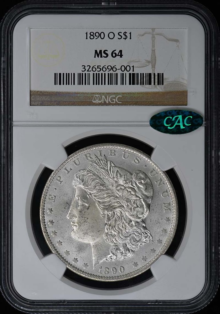 NGC MS64 CAC 1890 O Morgan Silver Dollar: NGC MS64 CAC 1890 O Morgan Silver Dollar This is an 1890 Morgan Dollar from the New Orleans Mint, graded MS64 by NGC and featuring a CAC sticker. The coin is uncirculated and comes from the United Sta