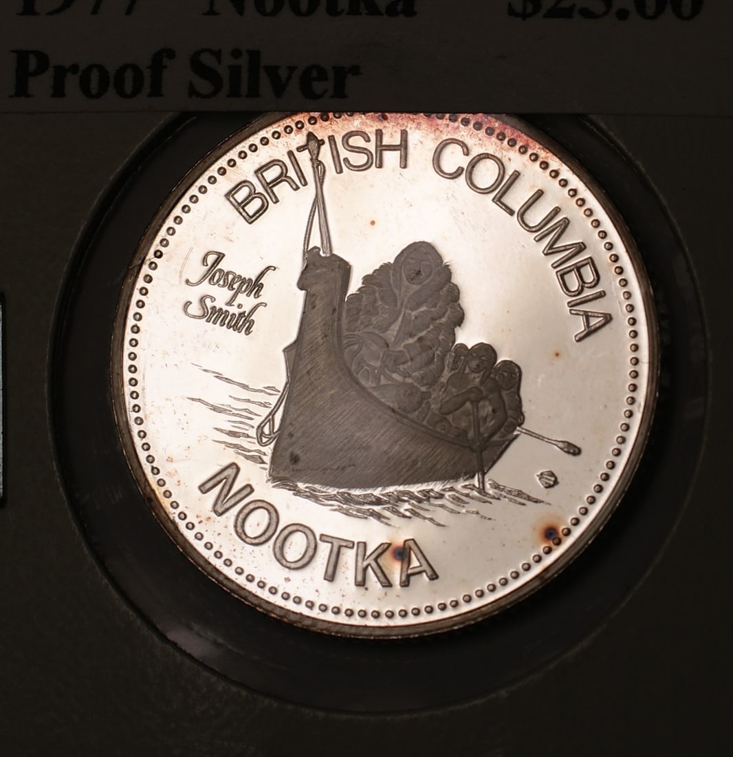 1977 Maquinna Nootka silver proof medal British Columbia: 1977 Maquinna Nootka silver proof medal British Columbia This is a 1977 British Columbia Nootka Gem Proof Maquinna silver medal from Canada. The medal features a detailed design with inscriptions refe