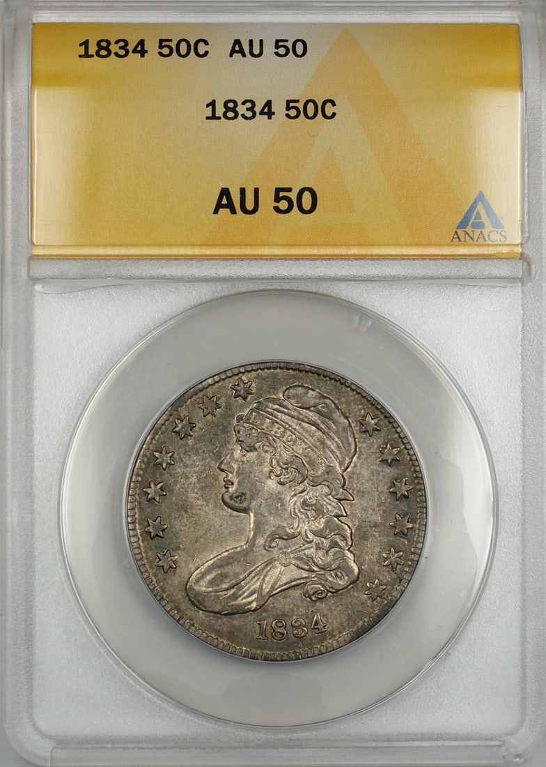 ANACS AU-50 1834 Capped Bust Half Dollar Silver Coin: ANACS AU-50 1834 Capped Bust Half Dollar Silver Coin This 1834 Capped Bust Silver Half Dollar is a circulated United States coin, graded AU 50 by ANACS. Struck in Philadelphia, it features the classic