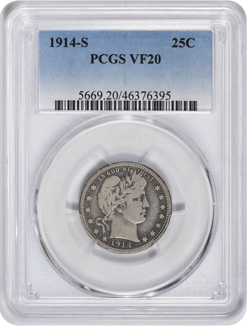 1914-S Barber Quarter VF20 PCGS 90% Silver San Francisco Mint: 1914-S Barber Quarter VF20 PCGS 90% Silver San Francisco Mint This 1914-S Barber Silver Quarter is an exceptional piece for collectors, certified by PCGS at a grade of VF20. Minted in San Francisco, t