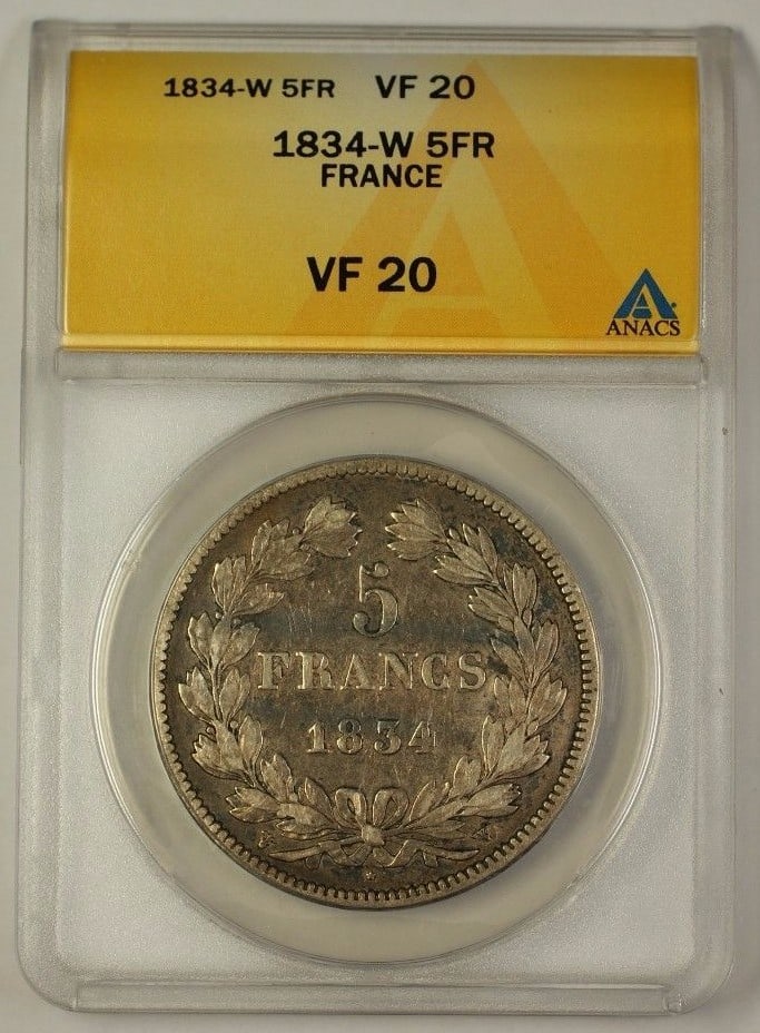 Silver 1834-W France Five Francs Coin ANACS Certified VF 20: Silver 1834-W France Five Francs Coin ANACS Certified VF 20 This 1834-W France Five Francs silver coin is certified by ANACS with a grade of VF-20, indicating it is in Very Fine circulated condition. 