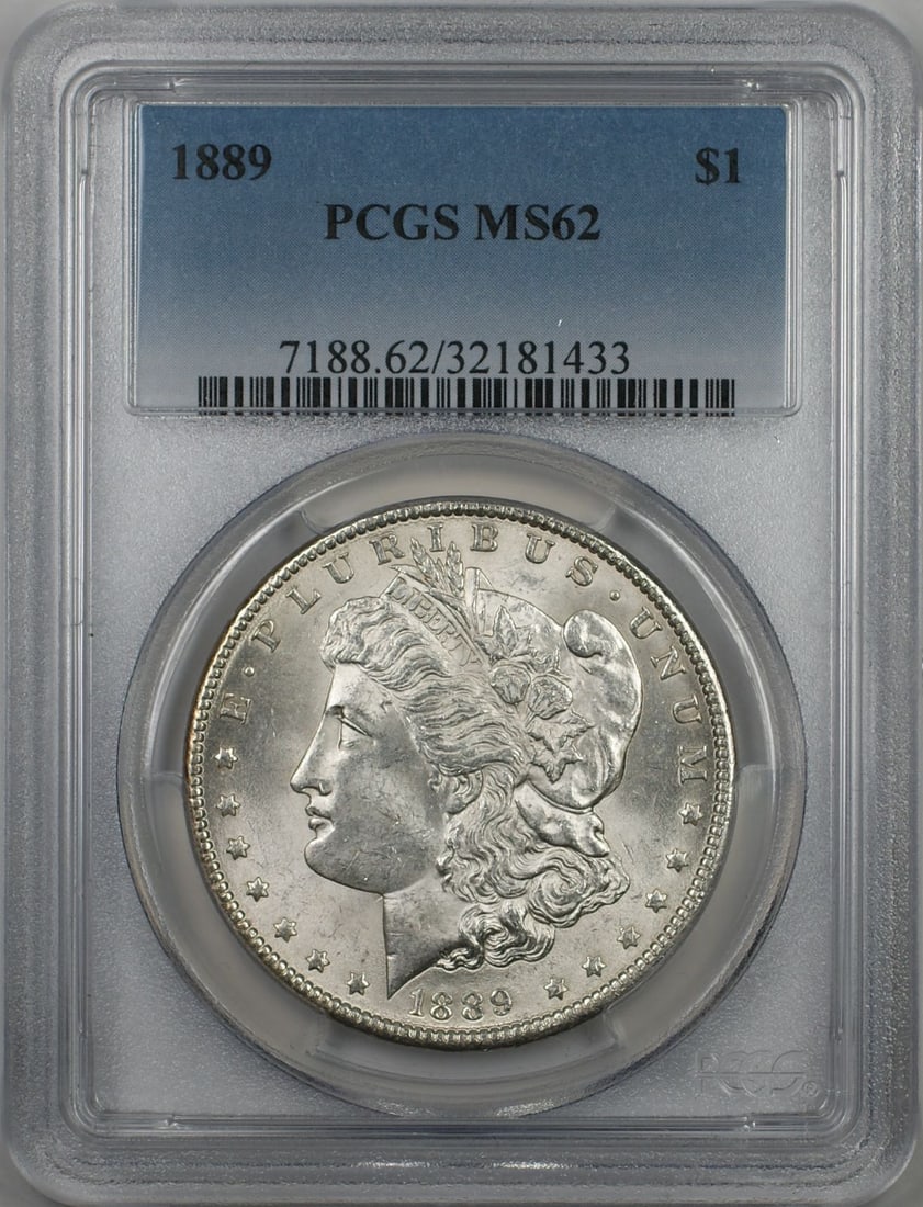 PCGS MS62 1889 Philadelphia Morgan Silver Dollar Coin Uncirculated: PCGS MS62 1889 Philadelphia Morgan Silver Dollar Coin Uncirculated This is an 1889 Morgan Silver Dollar graded MS-62 by PCGS. The coin is uncirculated and was minted in Philadelphia. It is composed of
