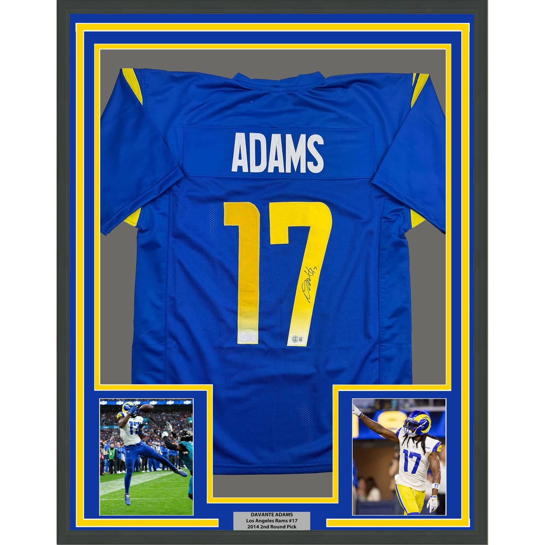 Davante Adams Los Angeles Rams Framed Signed Jersey 35x39 With Beckett COA: Davante Adams Los Angeles Rams Framed Signed Jersey 35x39 With Beckett COA This professionally framed and matted Los Angeles Rams blue jersey is autographed by NFL player Davante Adams. The display in