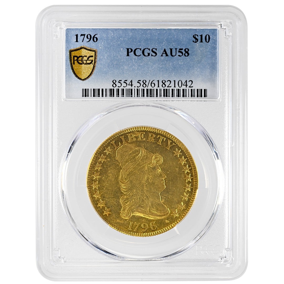 1796 Draped Bust $10 Gold Coin PCGS AU58: 1796 Draped Bust $10 Gold Coin PCGS AU58 This is a 1796 $10 Draped Bust gold coin, featuring the Type 1 Small Eagle reverse. Graded About Uncirculated 58 (AU58) by PCGS, this rare coin was minted in P