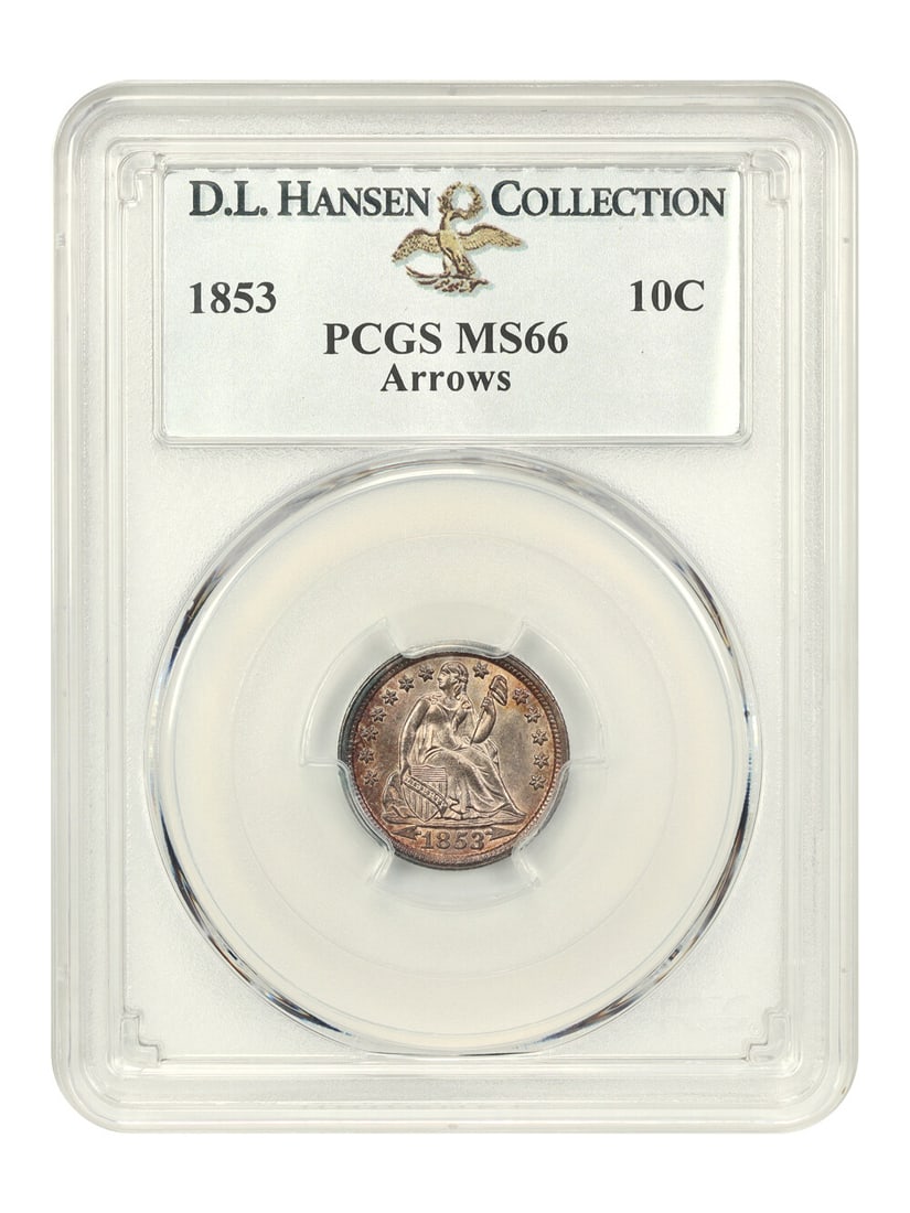 PCGS MS66 1853 Liberty Seated Dime 10C Arrows ex D.L. Hansen: PCGS MS66 1853 Liberty Seated Dime 10C Arrows ex D.L. Hansen An 1853 10C Liberty Seated Dime graded PCGS MS66 with arrows. This uncirculated coin is certified by PCGS and is identified as ex: D.L. Han