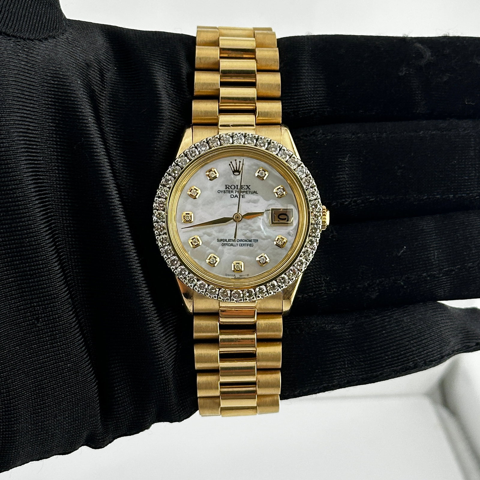 Rolex Oyster Perpetual Date 1500 White MOP Diamond Marker Dial President Bracelet: Rolex Oyster Perpetual Date 1500 White MOP Diamond Marker Dial President Bracelet This Rolex Oyster Perpetual Date features an aftermarket white mother-of-pearl dial with yellow diamond hour markers, 