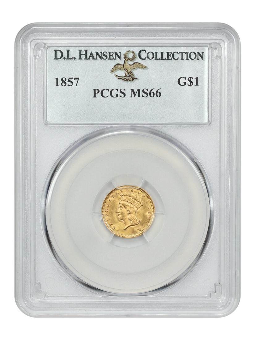 1857 Gold Dollar G$1 PCGS MS66 D.L. Hansen Certified: 1857 Gold Dollar G$1 PCGS MS66 D.L. Hansen Certified This 1857 G$1 gold dollar coin, certified by PCGS with a grade of MS66, is an exceptional find for collectors. Featuring a mint location in Philade