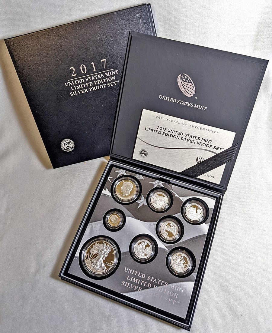 2017 Limited Edition Silver Proof Coin Set with Box and COA: 2017 Limited Edition Silver Proof Coin Set with Box and COA This 2017 U.S. Mint Limited Edition Silver Proof Set features all the regular issue silver coins from 2017, including a proof one ounce $1 S