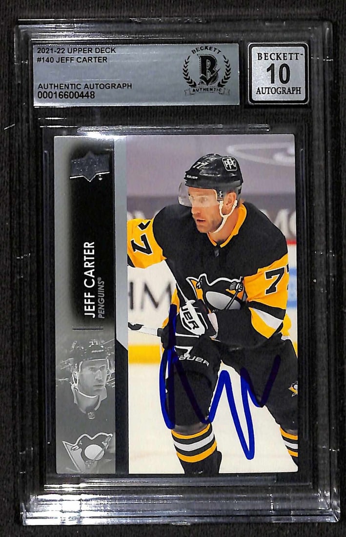 2021-22 Upper Deck Hockey Card #140 Jeff Carter Beckett Auto 10: 2021-22 Upper Deck Hockey Card #140 Jeff Carter Beckett Auto 10 This is an original 2021-22 Upper Deck #140 sports trading card featuring Penguins center Jeff Carter. The card has been signed in blue 
