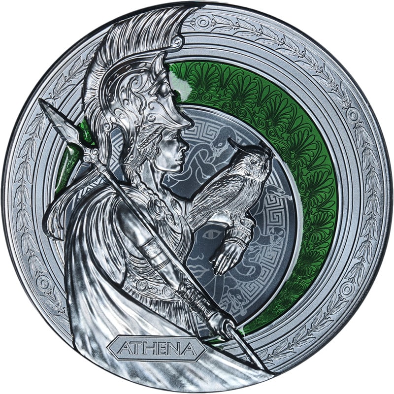2025 Niue 1oz Silver $2 Athena Black Proof Green Resin OGP COA: 2025 Niue 1oz Silver $2 Athena Black Proof Green Resin OGP COA This exquisite 2025 Niue 1oz Silver $2 coin features a stunning Black Proof finish with Green Resin accents. The coin is composed of 0.99