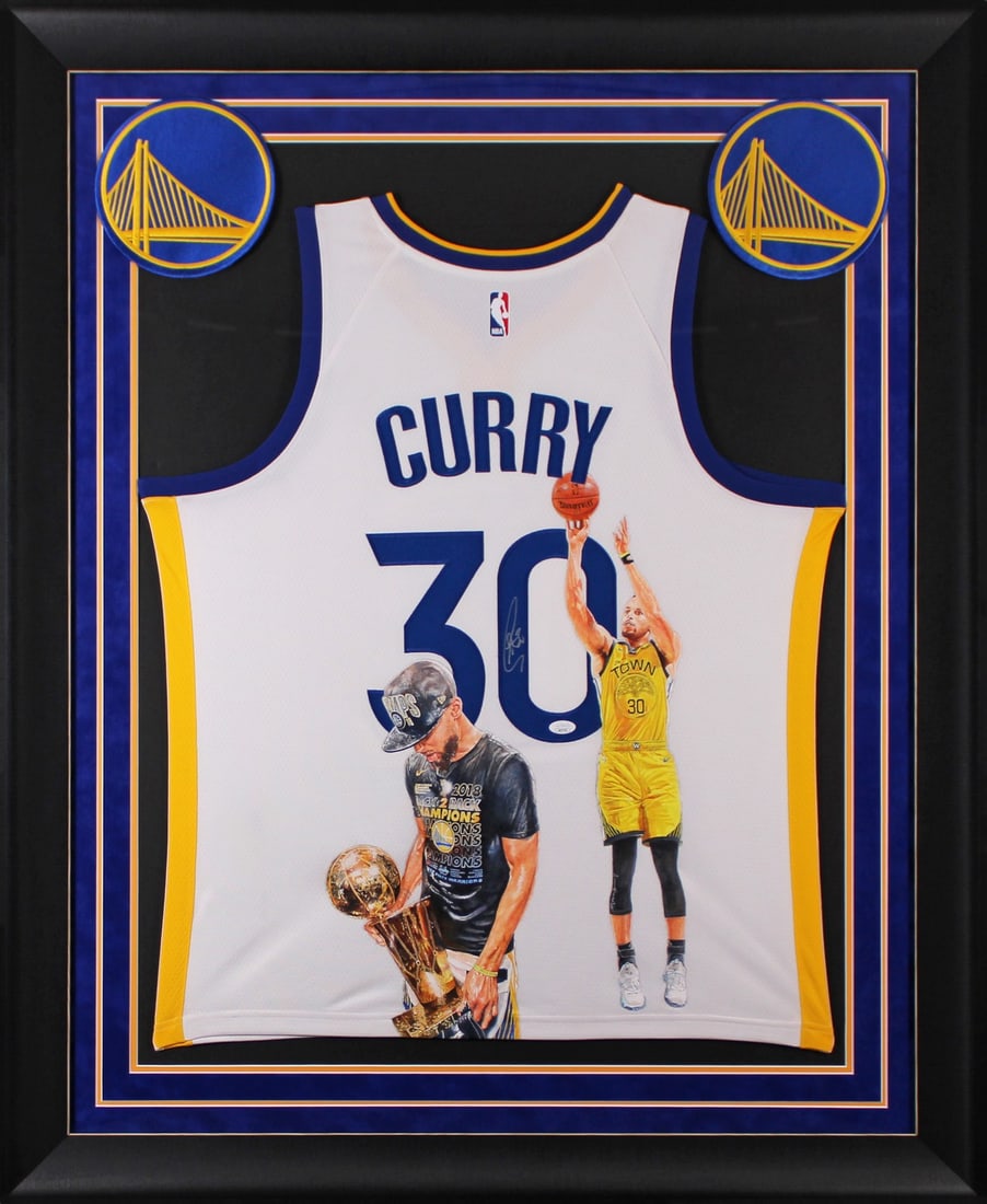 Framed Stephen Curry autographed hand painted Nike jersey JSA 36.5 x 44.5 inches: Framed Stephen Curry autographed hand painted Nike jersey JSA 36.5 x 44.5 inches This framed white Nike jersey features a hand-painted design by William Zavala and has been personally signed by Stephe