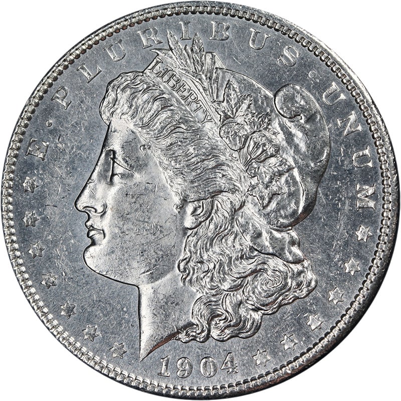 Uncirculated 1904 Philadelphia Morgan Dollar Bright White BU Silver Coin: Uncirculated 1904 Philadelphia Morgan Dollar Bright White BU Silver Coin This 1904-P Morgan Silver Dollar is an uncirculated coin with bright white surfaces, appealing luster, and a strong strike. It 