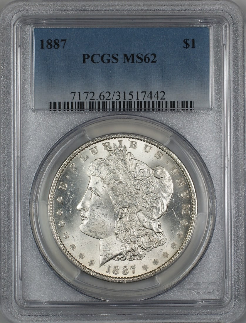PCGS MS-62 1887 Morgan Silver Dollar Uncirculated Philadelphia Mint: PCGS MS-62 1887 Morgan Silver Dollar Uncirculated Philadelphia Mint This is an 1887 Morgan Silver Dollar $1 coin from the United States, certified by PCGS with a grade of MS-62. The coin is uncirculat