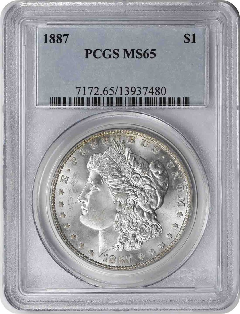 1887 Morgan Silver Dollar MS65 PCGS Uncirculated 90% Silver: 1887 Morgan Silver Dollar MS65 PCGS Uncirculated 90% Silver This 1887 Morgan Silver Dollar is a stunning example of American coinage, graded MS65 by PCGS, indicating its uncirculated condition. Struck