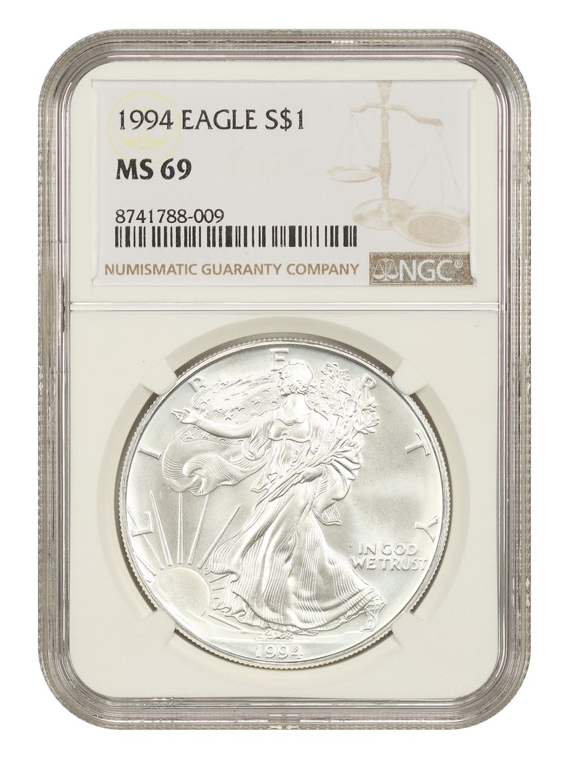 NGC MS69 1994 $1 Silver Eagle 1 oz Uncirculated: NGC MS69 1994 $1 Silver Eagle 1 oz Uncirculated 1994 $1 Silver Eagle graded NGC MS69. This uncirculated coin was minted in Philadelphia and is described as 1 oz silver. Condition is pre-owned. Specifi