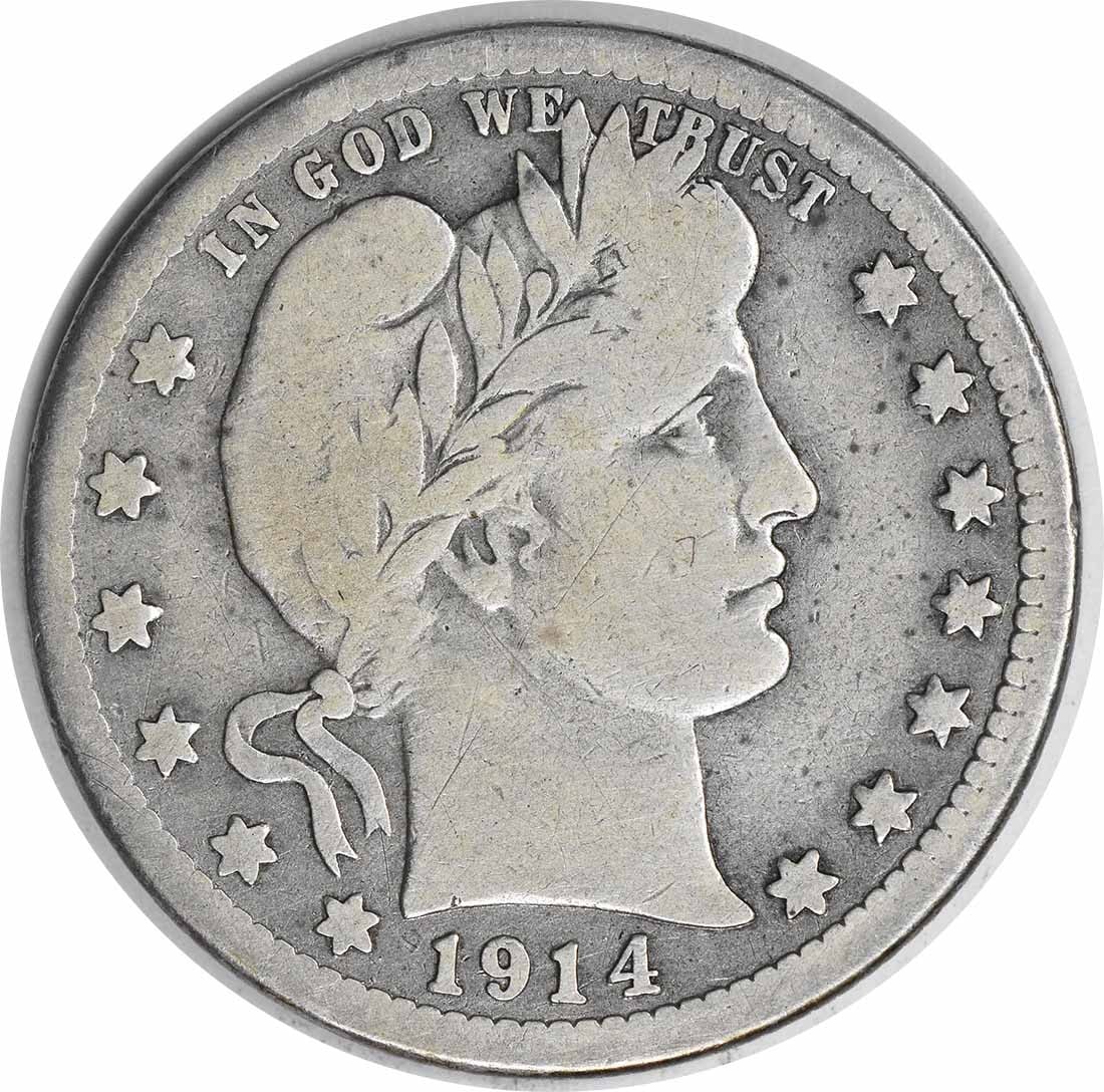 1914-S Barber Silver Quarter VG Uncertified 90% Silver Coin: 1914-S Barber Silver Quarter VG Uncertified 90% Silver Coin This 1914-S Barber Silver Quarter is a collectible coin with a vintage appeal. It features the iconic Barber design by Charles E. Barber and