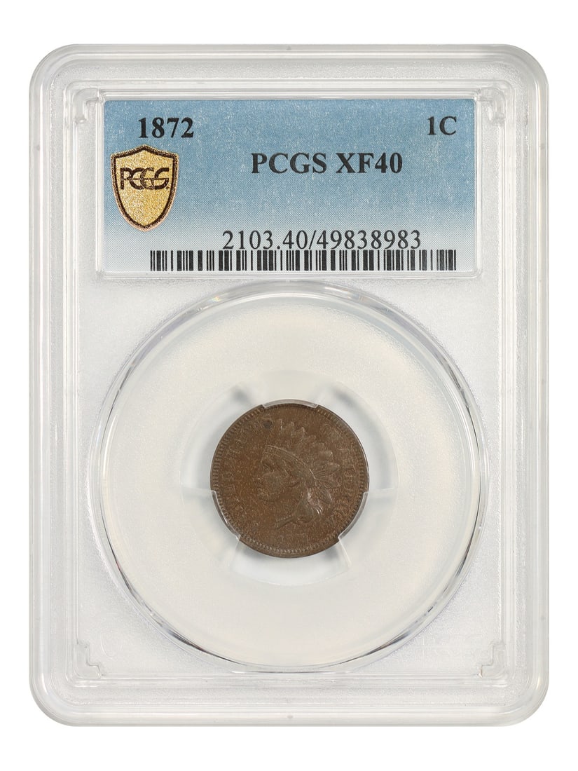 PCGS XF40 1872 Indian Cent 1C Key Date BN: PCGS XF40 1872 Indian Cent 1C Key Date BN 1872 Indian Cent, denomination 1C, struck in Philadelphia and certified by PCGS with certification number 49838983. The coin is circulated, graded XF40, and h
