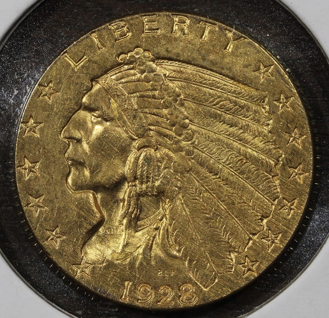 1928 $2.50 Indian Head Quarter Eagle Gold Coin: 1928 $2.50 Indian Head Quarter Eagle Gold Coin A 1928 Indian Head Gold Quarter Eagle with a $2.50 denomination. This pre-1933 United States coin is composed of gold and was minted in Philadelphia. It 
