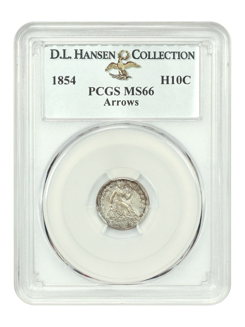 1854 Liberty Seated Half Dime H10C PCGS MS66 Arrows: 1854 Liberty Seated Half Dime H10C PCGS MS66 Arrows 1854 Liberty Seated Half Dime, H10C, graded MS66 by PCGS and noted as an Arrows issue. This uncirculated Philadelphia coin is described as a superb 