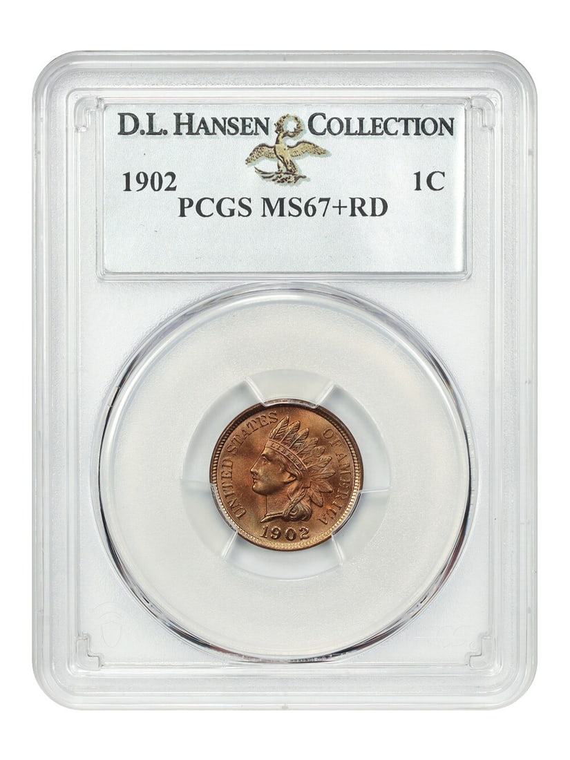 PCGS MS67+RD 1902 Indian Cent 1C ex D.L. Hansen: PCGS MS67+RD 1902 Indian Cent 1C ex D.L. Hansen This 1902 Indian Cent is certified by PCGS and graded MS67+RD. Minted in Philadelphia, it is an uncirculated 1C from the Indian Cent series. The coin is