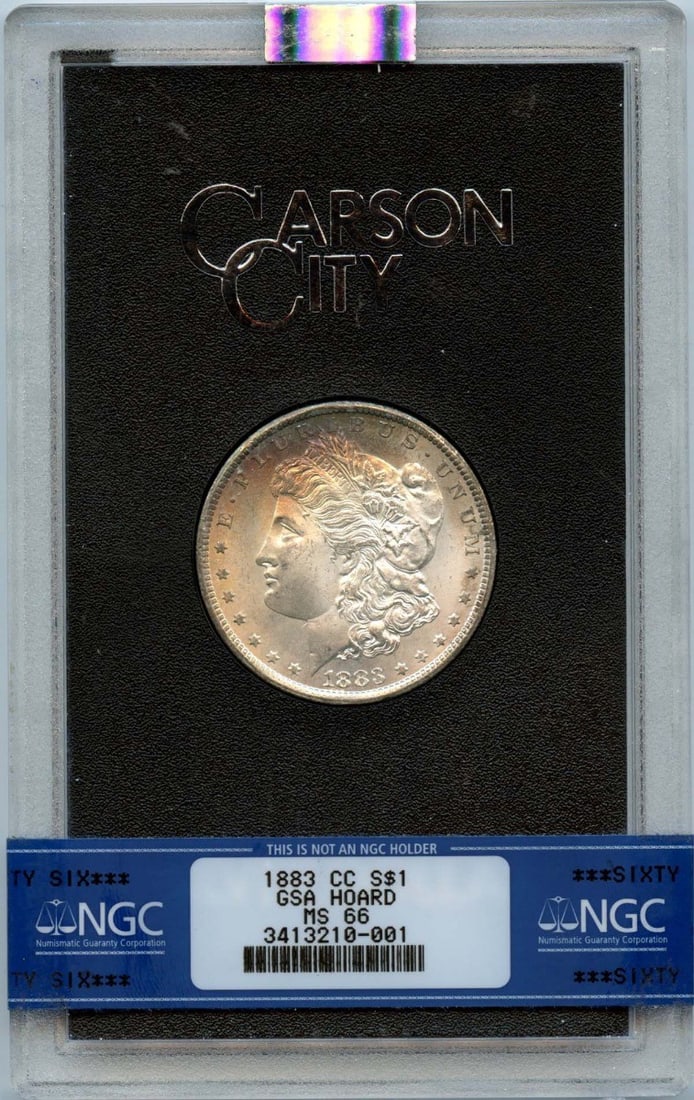 NGC MS66 Morgan Dollar 1883 Carson City GSA Hoard Toned Silver Coin: NGC MS66 Morgan Dollar 1883 Carson City GSA Hoard Toned Silver Coin This is an 1883-CC Morgan Silver Dollar from the GSA Hoard, graded MS66 by NGC. The coin features attractive toning and is uncircula