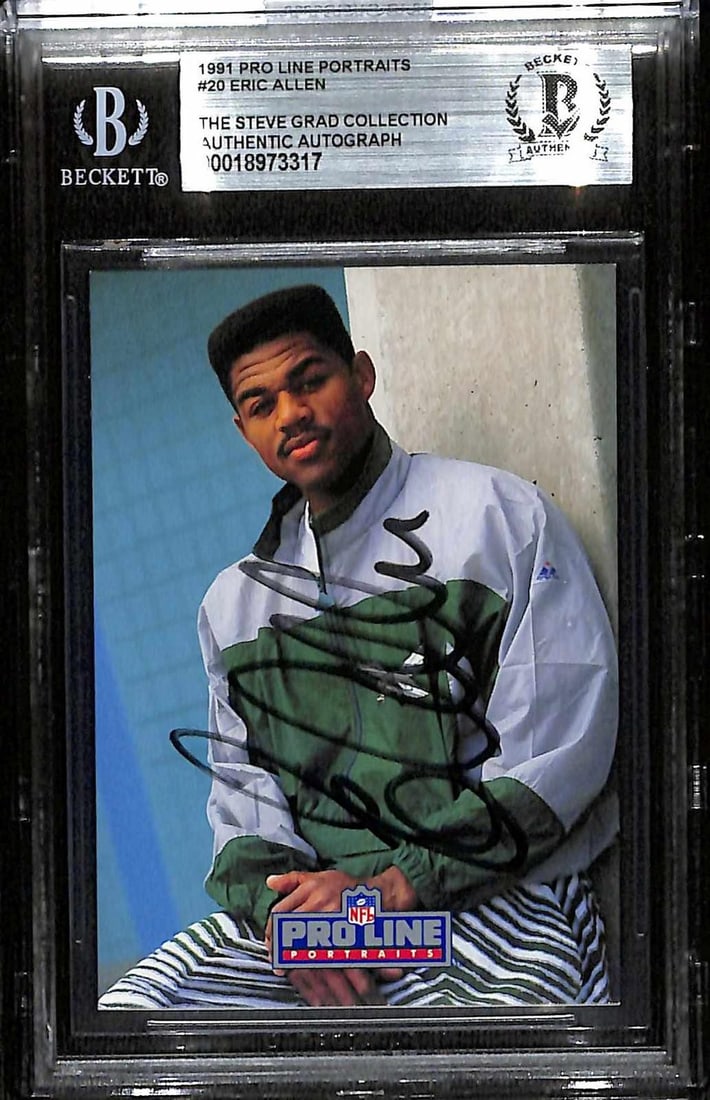 Beckett slabbed Eric Allen 1991 Pro Line Portraits autographed card: Beckett slabbed Eric Allen 1991 Pro Line Portraits autographed card This 1991 Pro Line Portraits football card features the autograph of standout defensive back Eric Allen of the Philadelphia Eagles. 