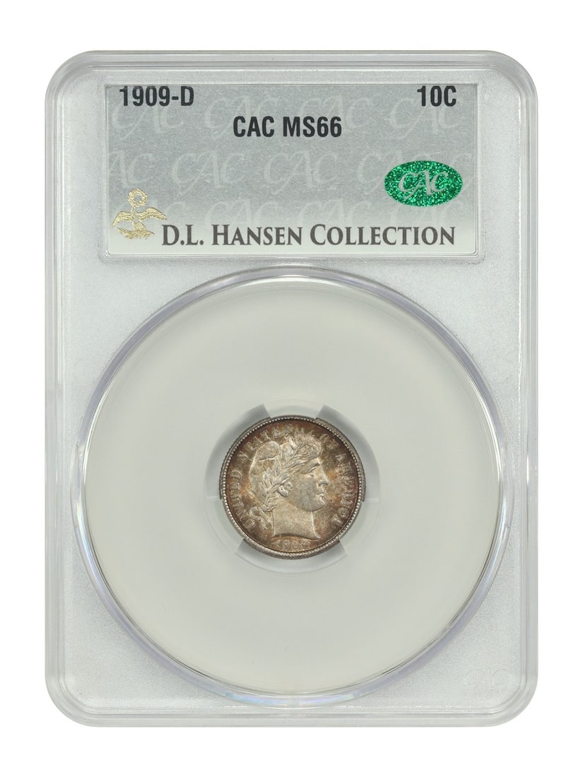 CACG MS66 1909-D Barber Dime 10C ex D.L. Hansen: CACG MS66 1909-D Barber Dime 10C ex D.L. Hansen An 1909-D Barber Dime graded MS66 and certified by CACG. This uncirculated Denver Mint issue is described as an elite gem example with wholesome envelop