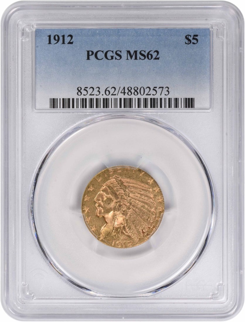 PCGS MS62 1912 Indian Head $5 Gold Coin: PCGS MS62 1912 Indian Head $5 Gold Coin This 1912 $5 Gold Indian coin is graded MS62 by PCGS. Struck in gold, it is an uncirculated example from the pre-1933 era, originating from the United States. T