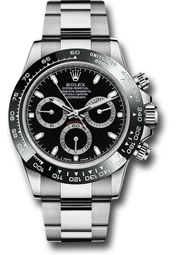 Rolex 2019 Daytona Ref 116500LN Black Dial Oyster Bracelet with New Style Card: Rolex 2019 Daytona Ref 116500LN Black Dial Oyster Bracelet with New Style Card This Rolex Daytona watch features a black dial and a fixed bezel, complemented by an Oyster bracelet. The reference numbe