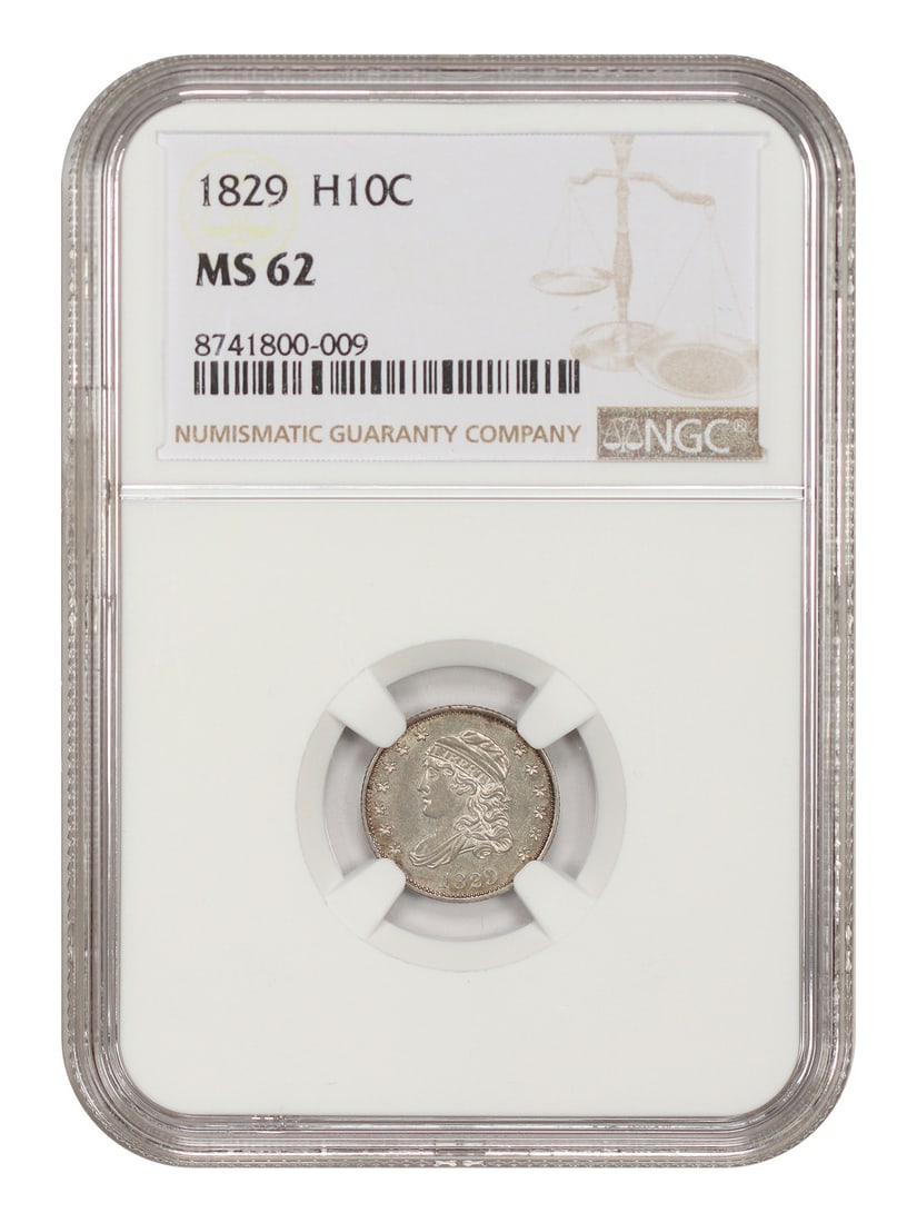 1829 Capped Bust Half Dime H10C NGC MS62: 1829 Capped Bust Half Dime H10C NGC MS62 An 1829 Capped Bust Half Dime graded MS62 by NGC. The coin is from the Philadelphia Mint and is described as uncirculated. Pre-owned condition. Specifications 