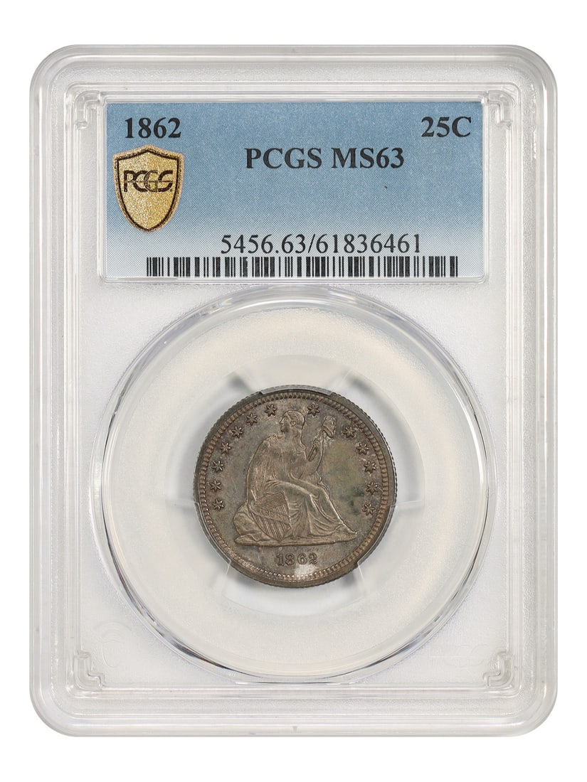 PCGS MS63 1862 Liberty Seated Quarter 25C: PCGS MS63 1862 Liberty Seated Quarter 25C An 1862 Liberty Seated Quarter graded MS63 by PCGS. Struck in Philadelphia, this uncirculated 25C coin displays iridescent rainbow hues on both sides, with de