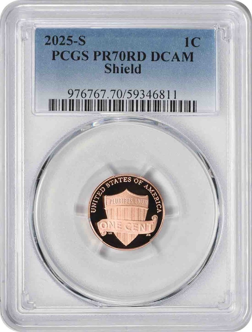PCGS PR70RD DCAM 2025-S Lincoln Shield Cent: PCGS PR70RD DCAM 2025-S Lincoln Shield Cent This is a 2025-S Lincoln Shield Cent, graded PR70RD Deep Cameo (DCAM) by PCGS. The coin is a proof strike, uncirculated, and composed of zinc. It originates