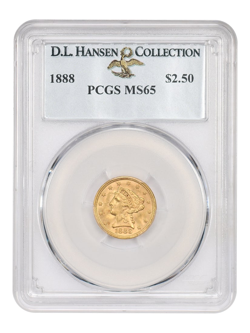1888 Liberty Head $2.50 Gold Coin PCGS MS65 ex D.L. Hansen: 1888 Liberty Head $2.50 Gold Coin PCGS MS65 ex D.L. Hansen 1888 Liberty Head $2.50 coin certified by PCGS as MS65 and attributed to ex: D.L. Hansen. Struck in Philadelphia, this uncirculated example i