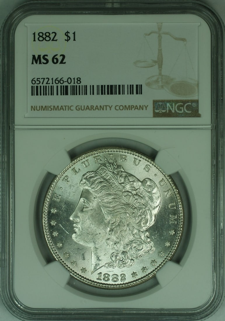 NGC MS 62 1882 Morgan Dollar Silver Coin from Philadelphia Mint: NGC MS 62 1882 Morgan Dollar Silver Coin from Philadelphia Mint This is an 1882 Morgan Silver Dollar certified by NGC with a grade of MS-62. Minted in Philadelphia, this uncirculated coin is composed 