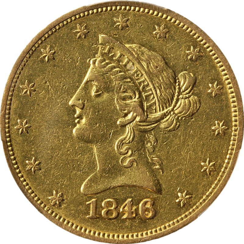 PCGS AU Details 1846 5 O Liberty $10 Gold Coin: PCGS AU Details 1846 5 O Liberty $10 Gold Coin This 1846/5-O Liberty Gold $10 coin is graded AU Details by PCGS. It features attractive eye appeal, a strong strike, and displays decent color and surfa